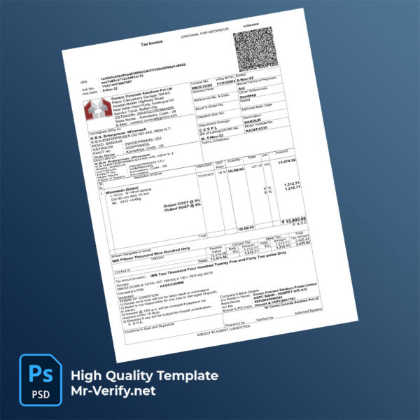 India Conecc Concrete Solutions Pvt Ltd Editable Tax Invoice Template in Word and PDF formats