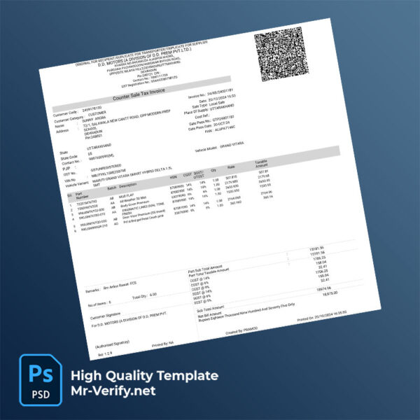 India D.D. Motors (A Division of D.D. Prem Pvt. Ltd.) Editable Maruti Accessories Tax Invoice Template in Word and PDF formats