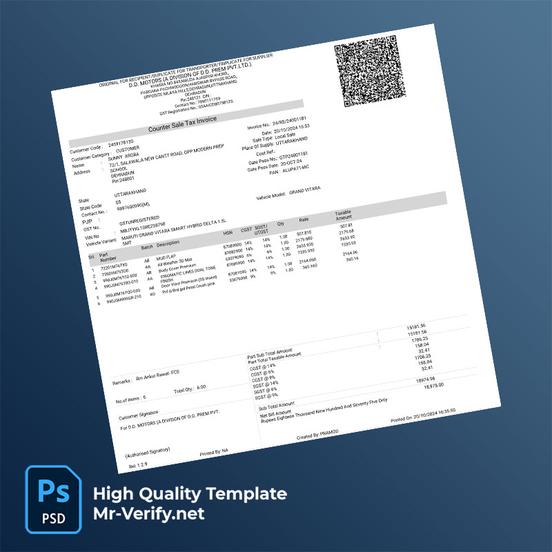 India D.D. Motors (A Division of D.D. Prem Pvt. Ltd.) Editable Maruti Accessories Tax Invoice Template in Word and PDF formats India D.D. Motors (A Division of D.D. Prem Pvt. Ltd.) Editable Maruti Accessories Tax Invoice Template in Word and PDF formats