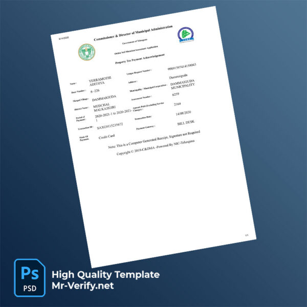 India Dammaiguda Municipality Editable Property Tax Bill Template in Word and PDF formats