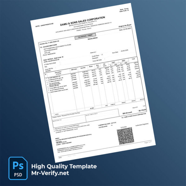 India Damu & Sons Sales Corporation Editable Tax Invoice Template in Word and PDF formats