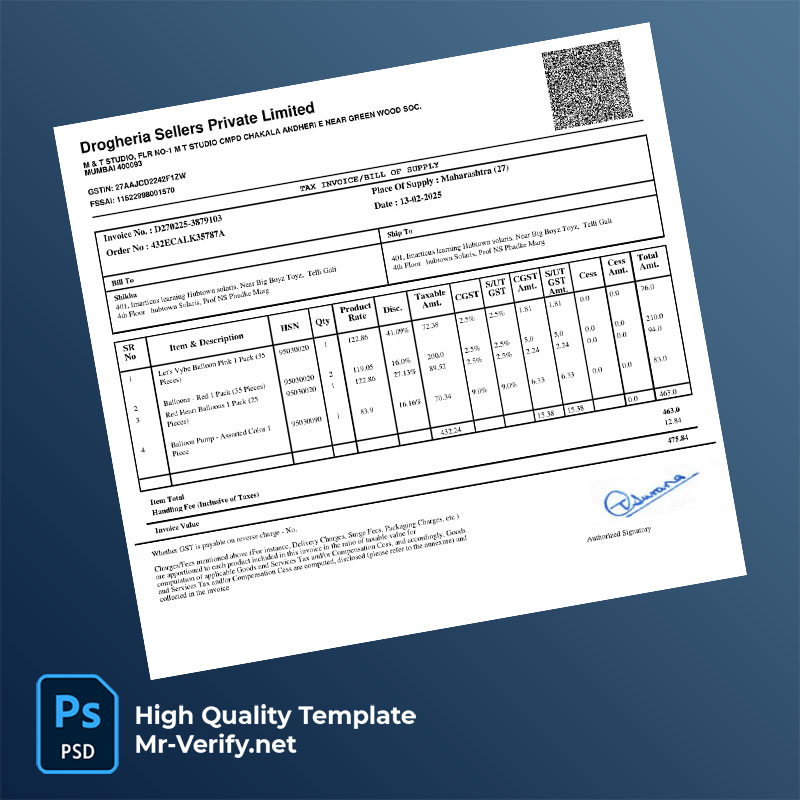 India Drogheria Sellers Private Limited Editable Tax Invoice Template in Word and PDF formats India Drogheria Sellers Private Limited Editable Tax Invoice Template in Word and PDF formats