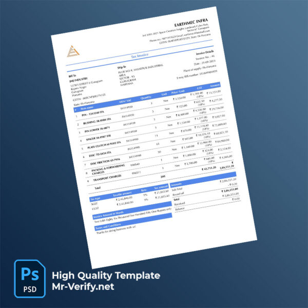 India Earthmec Infra Editable Tax Invoice Template in Word and PDF formats