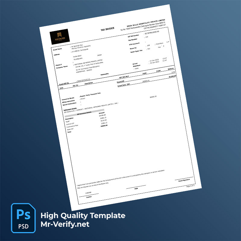 India Ebiza Bulls Hospitality Private Limited Editable Tax Invoice Template in Word and PDF formats India Ebiza Bulls Hospitality Private Limited Editable Tax Invoice Template in Word and PDF formats