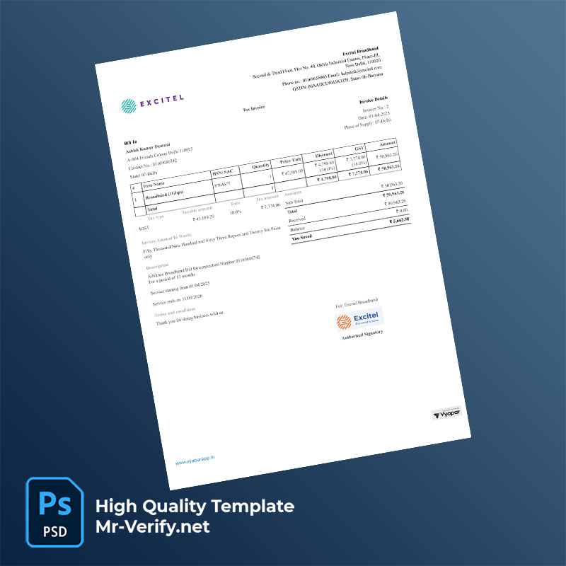 India Excitel Broadband Pvt Ltd Editable Broadband Bill Template in Word and PDF formats India Excitel Broadband Pvt Ltd Editable Broadband Bill Template in Word and PDF formats