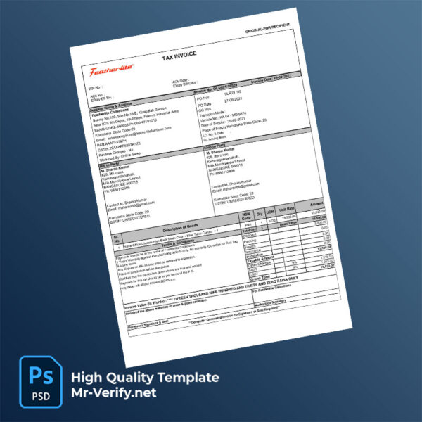 India Featherlite Collections Editable Tax Invoice Template in Word and PDF formats