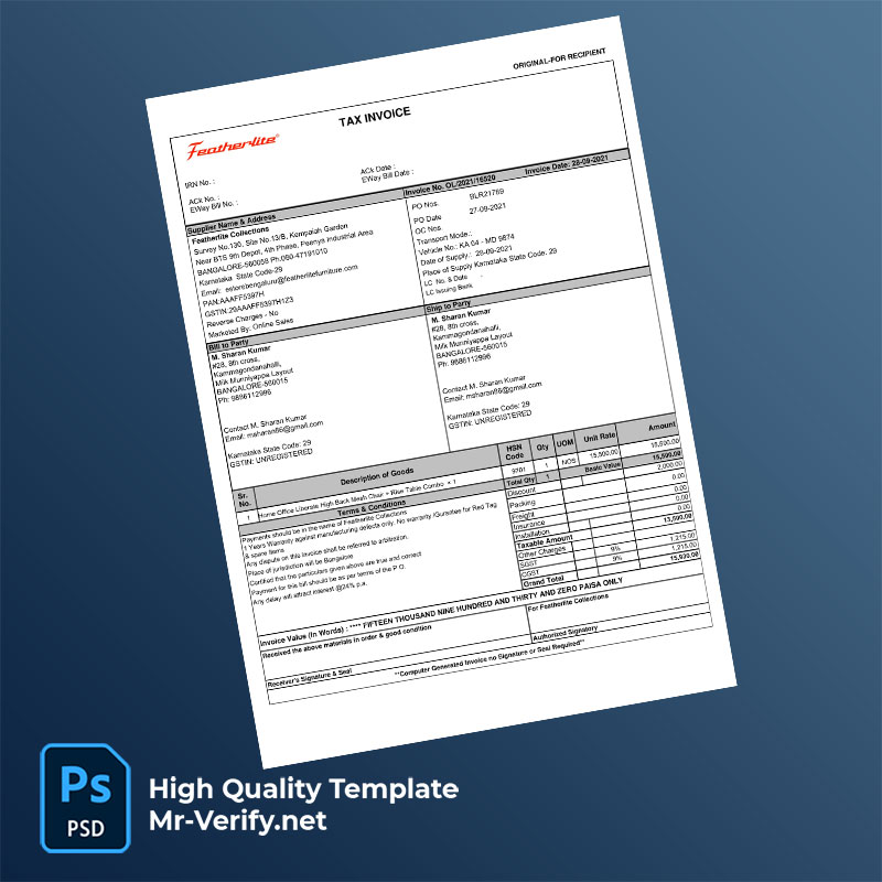 India Featherlite Collections Editable Tax Invoice Template in Word and PDF formats India Featherlite Collections Editable Tax Invoice Template in Word and PDF formats