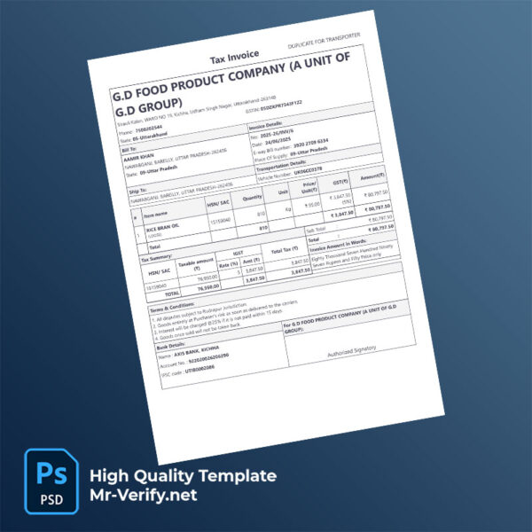 India G.D Food Product Company Editable Tax Invoice Template in Word and PDF formats