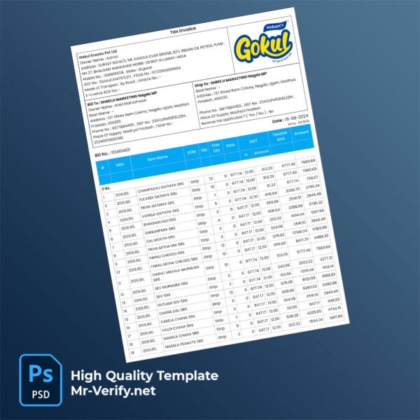 India Gokul Snacks Pvt Ltd Editable Tax Invoice Template in Word and PDF formats
