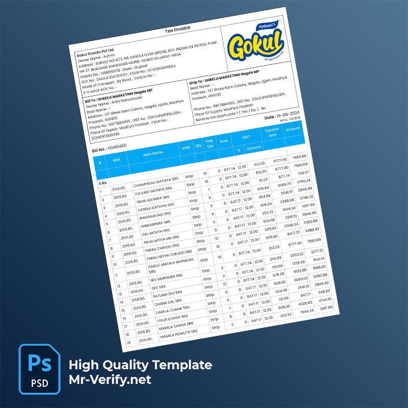 India Gokul Snacks Pvt Ltd Editable Tax Invoice Template in Word and PDF formats India Gokul Snacks Pvt Ltd Editable Tax Invoice Template in Word and PDF formats