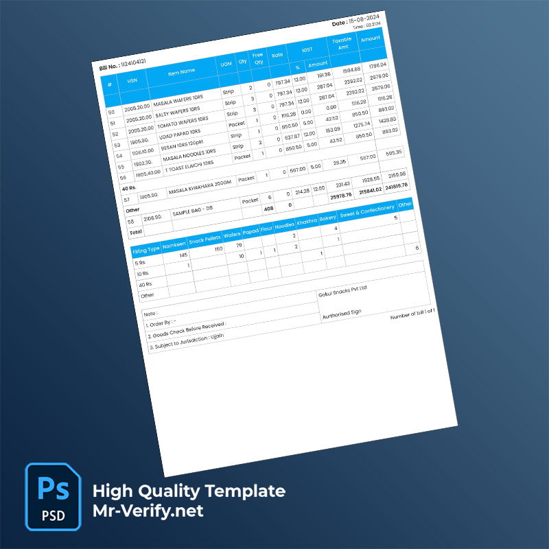 India Gokul Snacks Pvt Ltd Editable Tax Invoice Template in Word and PDF formats India Gokul Snacks Pvt Ltd Editable Tax Invoice Template in Word and PDF formats