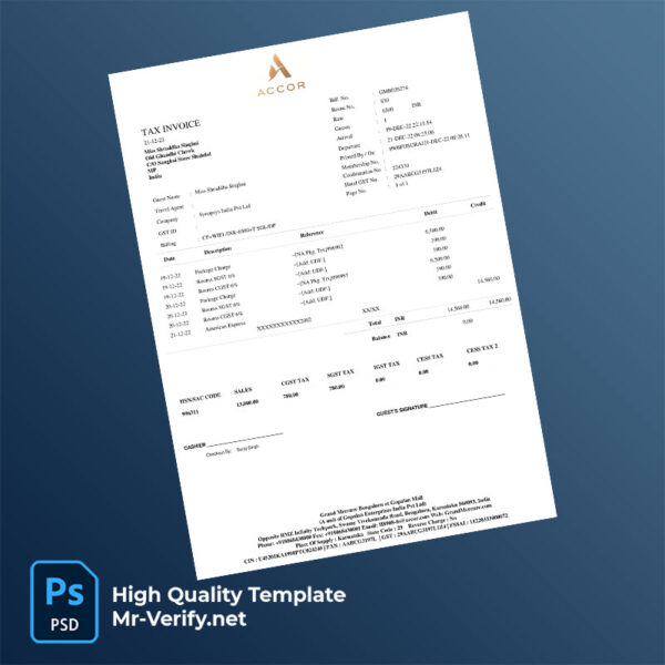 India Grand Mercure Bengaluru at Gopalan Mall Editable Hotel Bill Template in Word and PDF formats