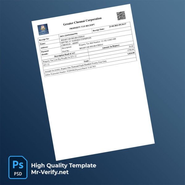 India Greater Chennai Corporation Editable Property Tax Receipt Template in Word and PDF formats