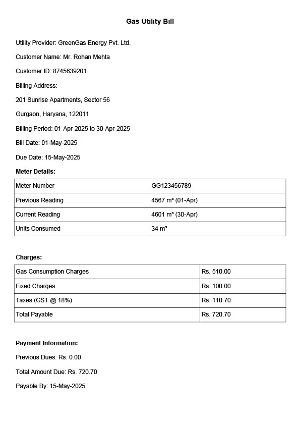 India GreenGas Energy Pvt Ltd Editable Gas Bill Template in Word and PDF formats 2 page