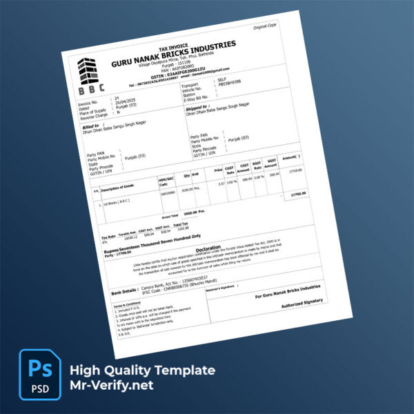 India Guru Nanak Bricks Industries Editable Tax Invoice Template in Word and PDF formats