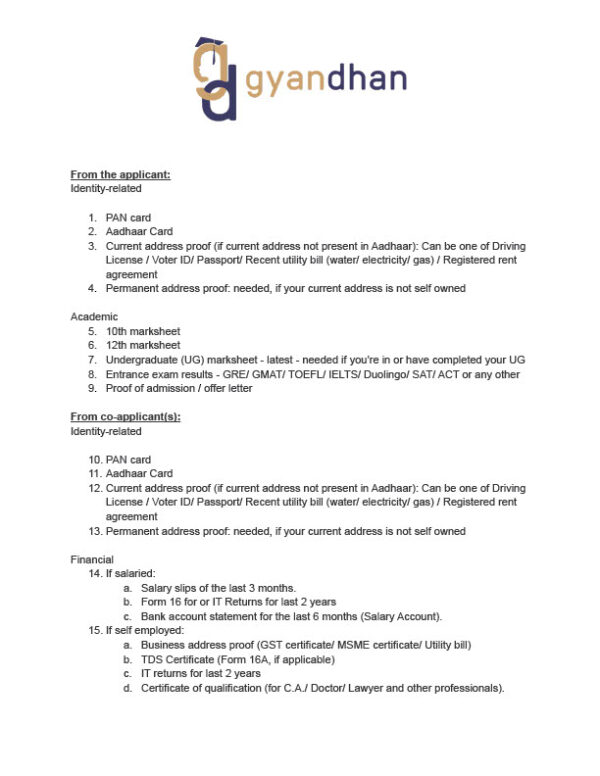 India GyanDhan Editable List of Documents Template in Word and PDF formats 2 page