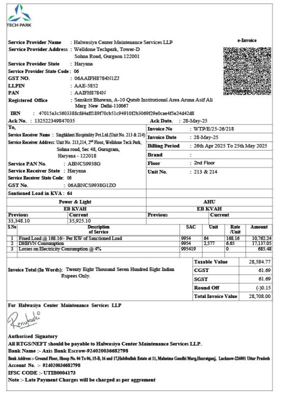 India Halwasiya Center Maintenance Services LLP Editable Electricity Bill Template in Word and PDF formats 2 page