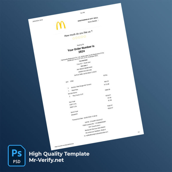 India Hardcastle Restaurant Pvt Ltd Editable Tax Invoice Template in Word and PDF formats