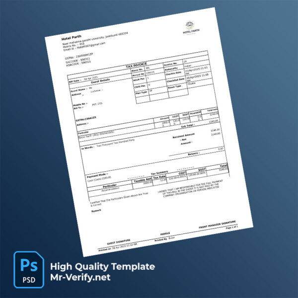 India Hotel Parth Editable Hotel Bill Template in Word and PDF formats