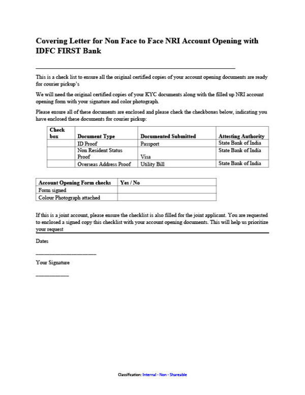 India IDFC FIRST Bank Editable Checklist for NRI Account Opening Template in Word and PDF formats