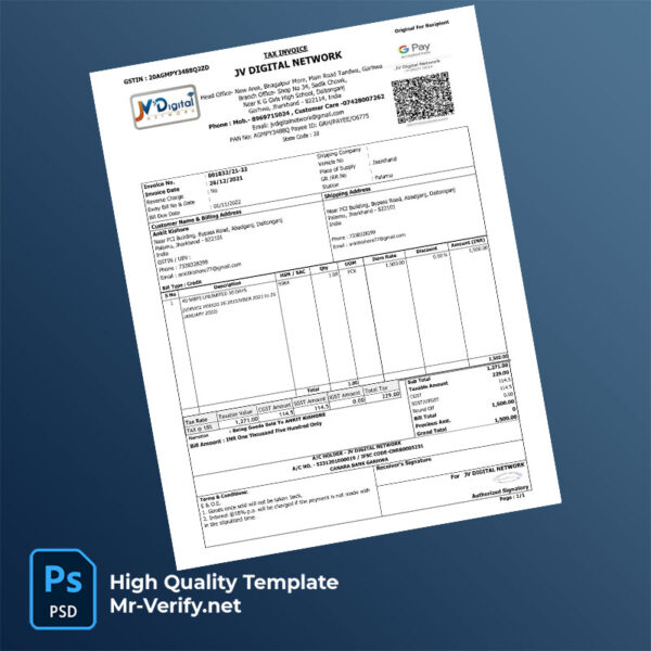 India JV Digital Network Editable Tax Invoice Template in Word and PDF formats