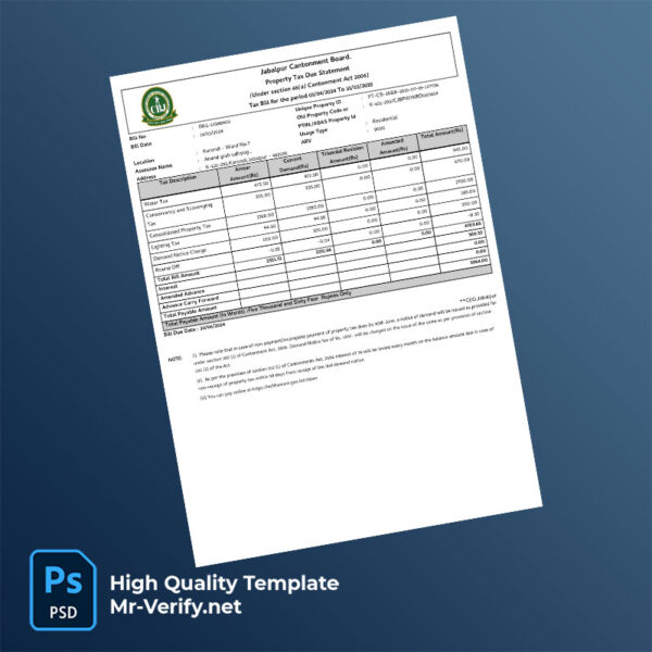 India Jabalpur Cantonment Board Editable Property Tax Due Statement Template in Word and PDF formats