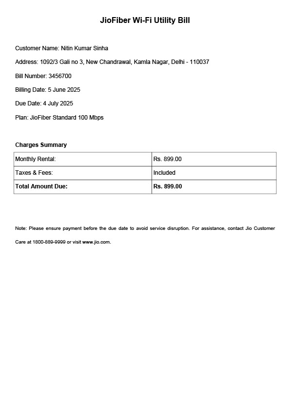 India Jio Editable Internet Bill Template in Word and PDF formats