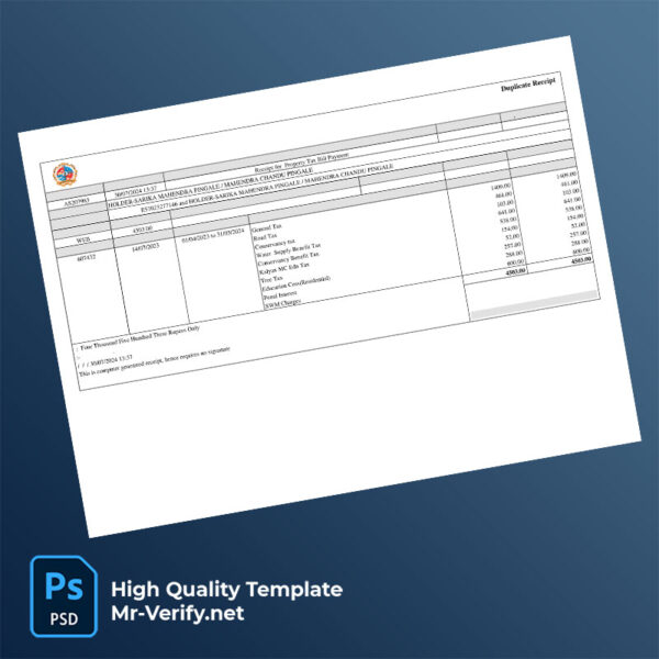 India KDMC Editable Property Tax Receipt Template in Word and PDF formats