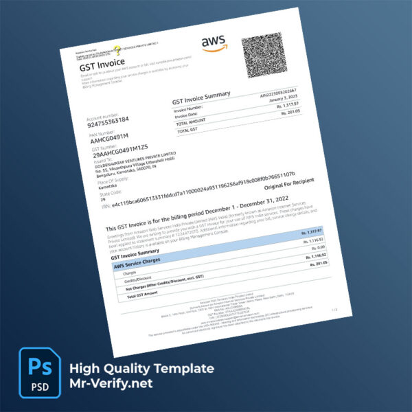 India Karnataka Amazon Web Services India Private Limited Editable AWS Lightsail Invoice Template in Word and PDF formats
