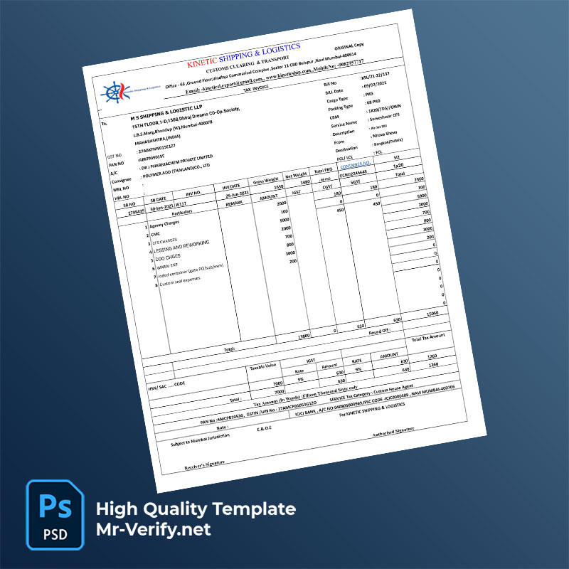 India Kinetic Shipping & Logistics Editable Tax Invoice Template in Word and PDF formats India Kinetic Shipping & Logistics Editable Tax Invoice Template in Word and PDF formats