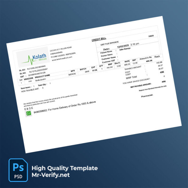 India Kolath Medicals Editable GST Tax Invoice Template in Word and PDF formats