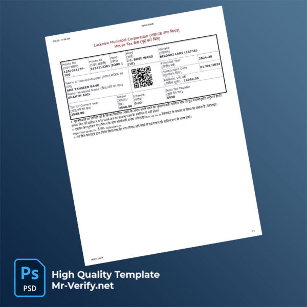 India Kolkata Editable Property Tax Bill Template in Word and PDF formats