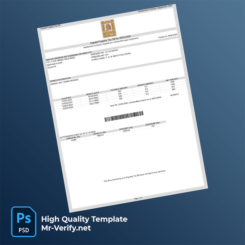 India Kolkata Municipal Corporation Editable Property Tax Bill Template in Word and PDF formats India Kolkata Municipal Corporation Editable Property Tax Bill Template in Word and PDF formats