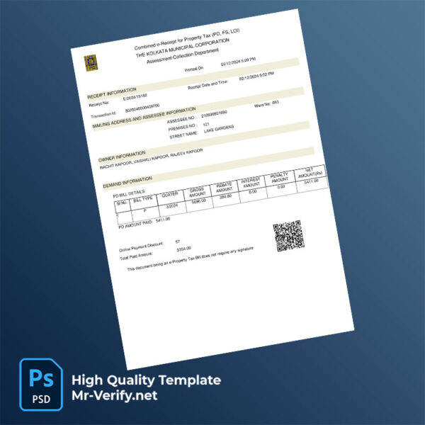India Kolkata Municipal Corporation Editable Property Tax Receipt Template in Word and PDF formats