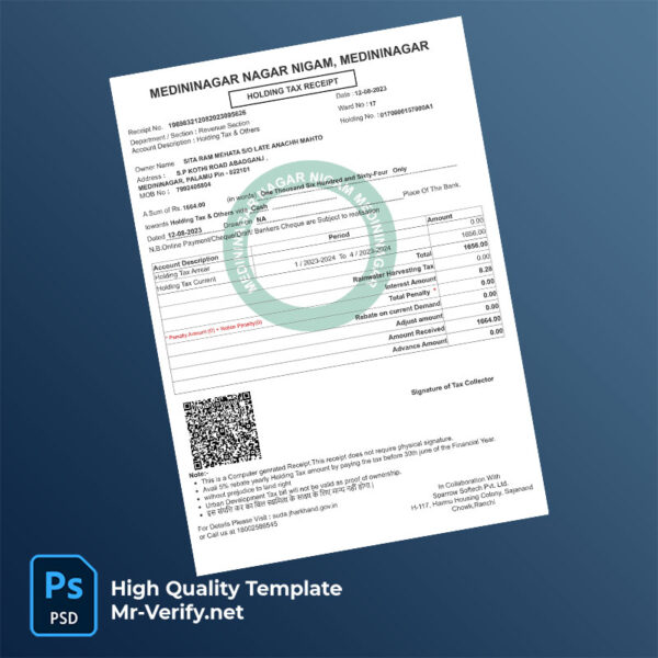 India Medininagar Nagar Nigam Editable Holding Tax Receipt Template in Word and PDF formats