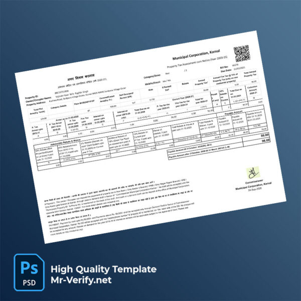 India Municipal Corporation of Karnal Editable Property Tax Assessment Notice Template in Word and PDF formats