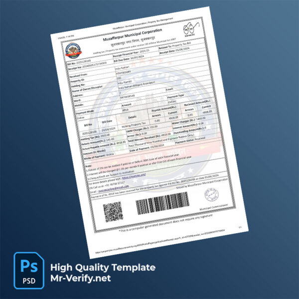 India Muzaffarpur Municipal Corporation Editable Property Tax Receipt Template in Word and PDF formats