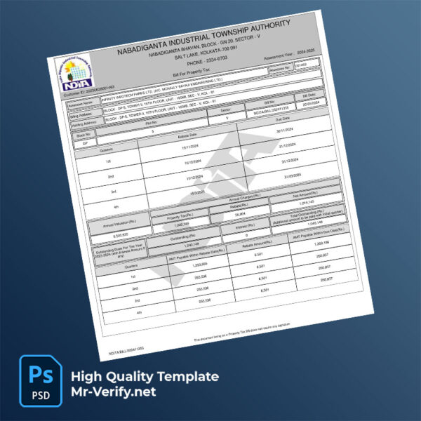 India Nabadiganta Industrial Township Authority Editable Property Tax Bill Template in Word and PDF formats