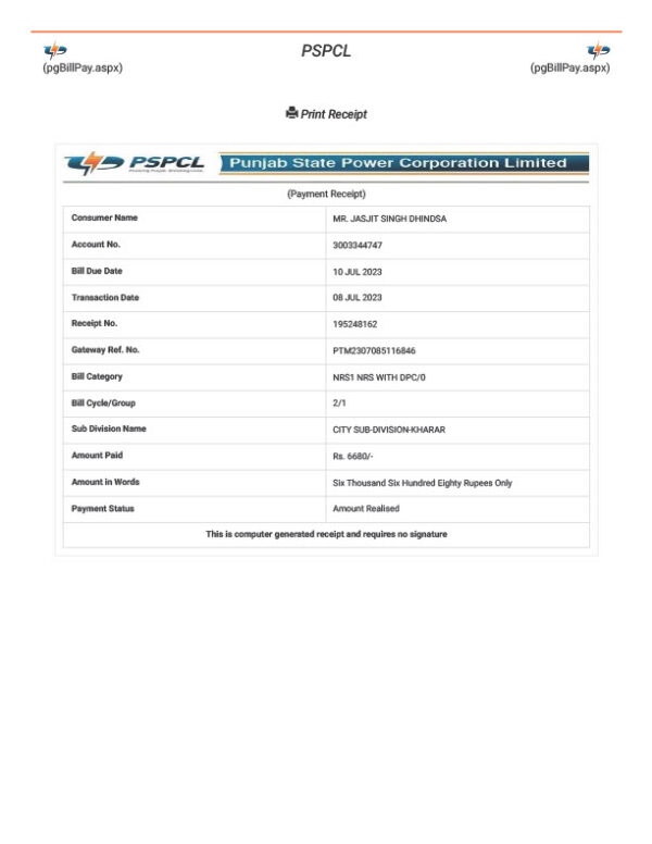 India Punjab State Power Corporation Limited Editable Payment Receipt Template in Word and PDF formats
