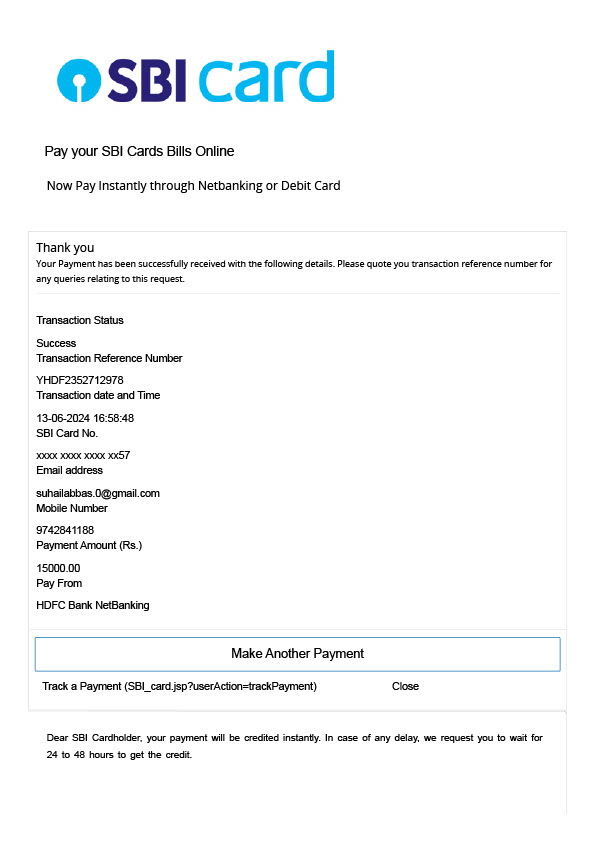 India SBI Card Editable Payment Confirmation Template in Word and PDF formats 2 page