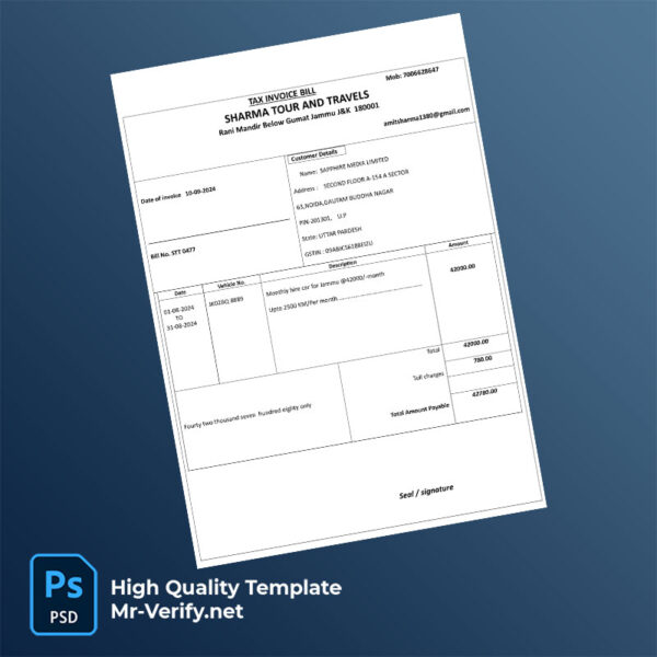 India Sharma Tour and Travels Editable Mobile Tax Invoice Template in Word and PDF formats