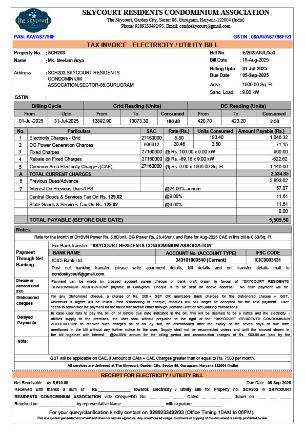 India Skycourt Residents Condominium Association Editable Electricity Bill Template in Word and PDF formats