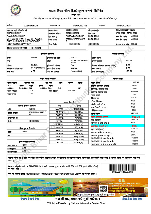 India South Bihar Power Distribution Company Ltd Editable Utility Bill Template in Word and PDF formats