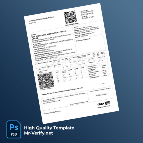 India TATA 1MG Healthcare Solutions Private Limited Editable Tax Invoice Template in Word and PDF formats
