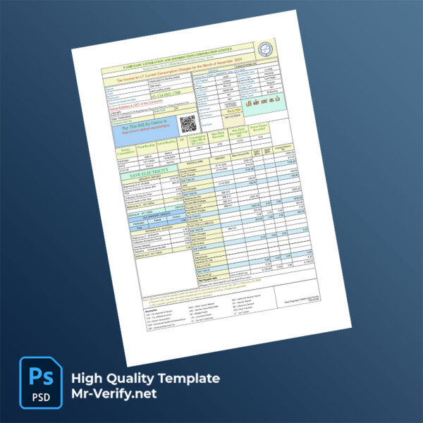 India Tamil Nadu Generation and Distribution Corporation Limited Editable Electricity Bill Template in Word and PDF formats