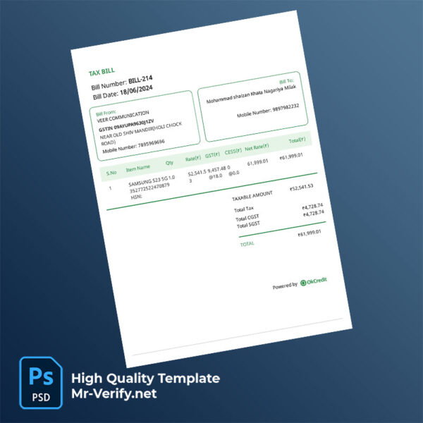India Veer Communication Editable GST Tax Invoice Template in Word and PDF formats