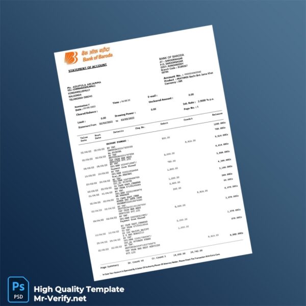 India – Bank Statement Template in Word and PDF formats 3 page