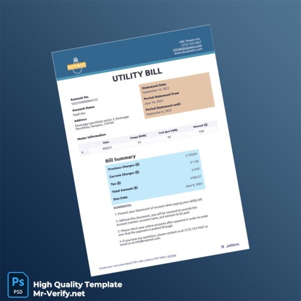 India ABC Powers Inc Editable Utility Bill Template in Word and PDF formats