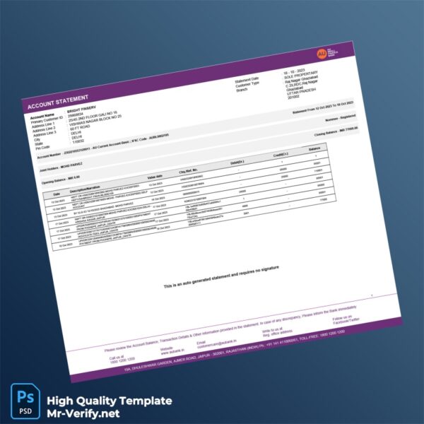 India AU Small Finance Bank Bank Statement Template in Word and PDF formats