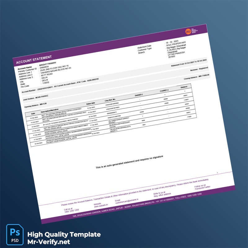 India AU Small Finance Bank Bank Statement Template in Word and PDF formats India AU Small Finance Bank Bank Statement Template in Word and PDF formats